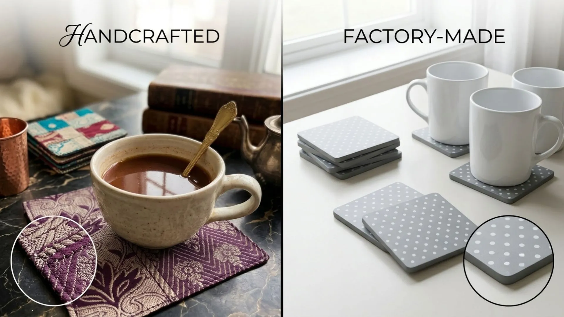 handcrafted v/s factory-made coasters